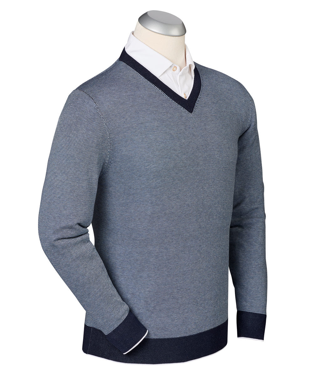 Luxe 100% Mercerized Cotton Hairline Stripe V-Neck Sweater