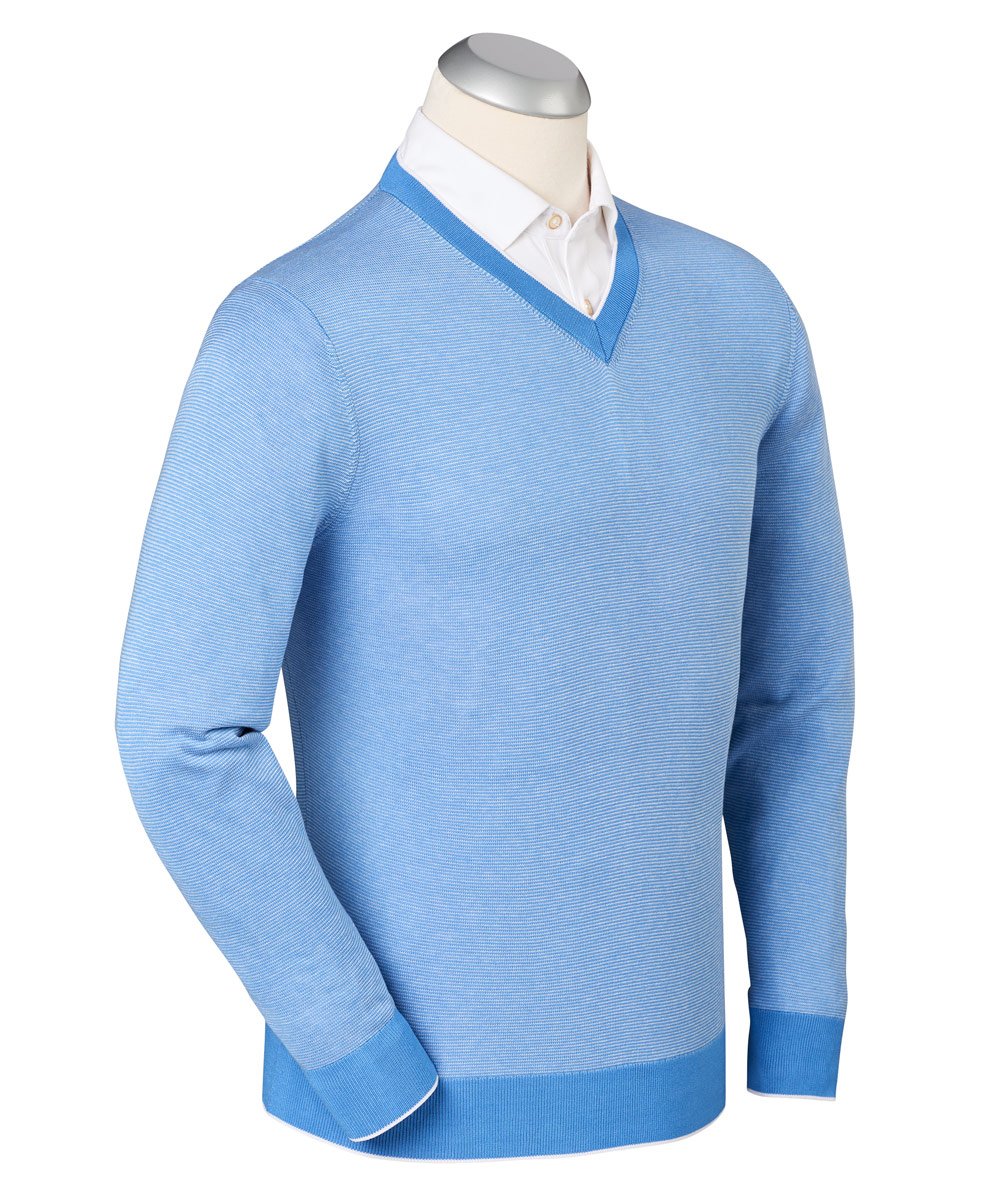 Luxe 100% Mercerized Cotton Hairline Stripe V-Neck Sweater